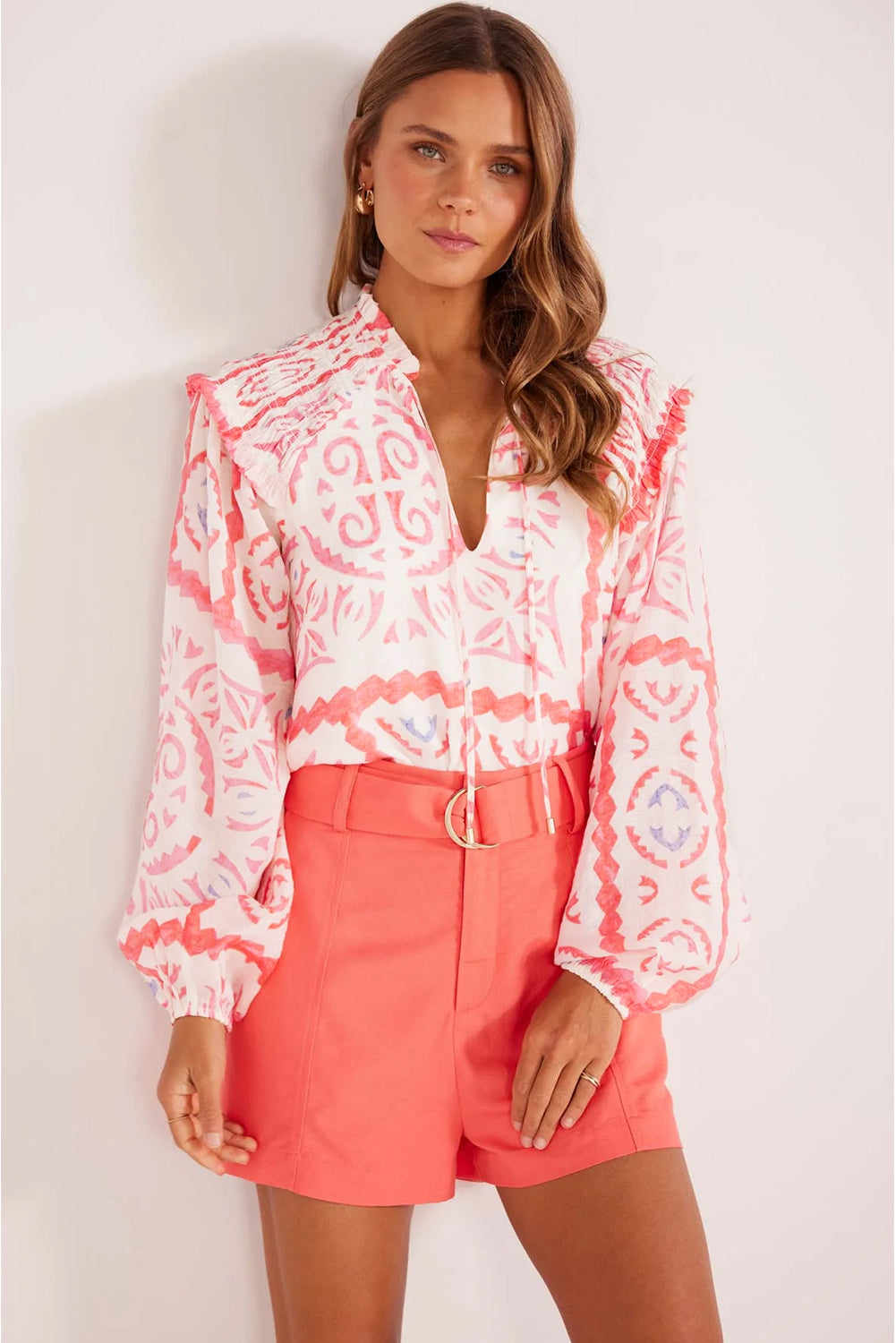 Desert Flower Vintage Print Smocked Poet Collar Billowy Blouson Sleeves Blouse Kittybear Krafts