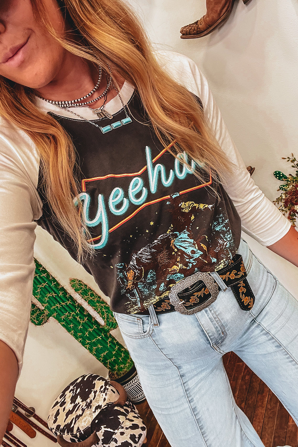 Brown Western Yeehaw Graphic Vintage Raglan Long Sleeve Top Kittybear Krafts