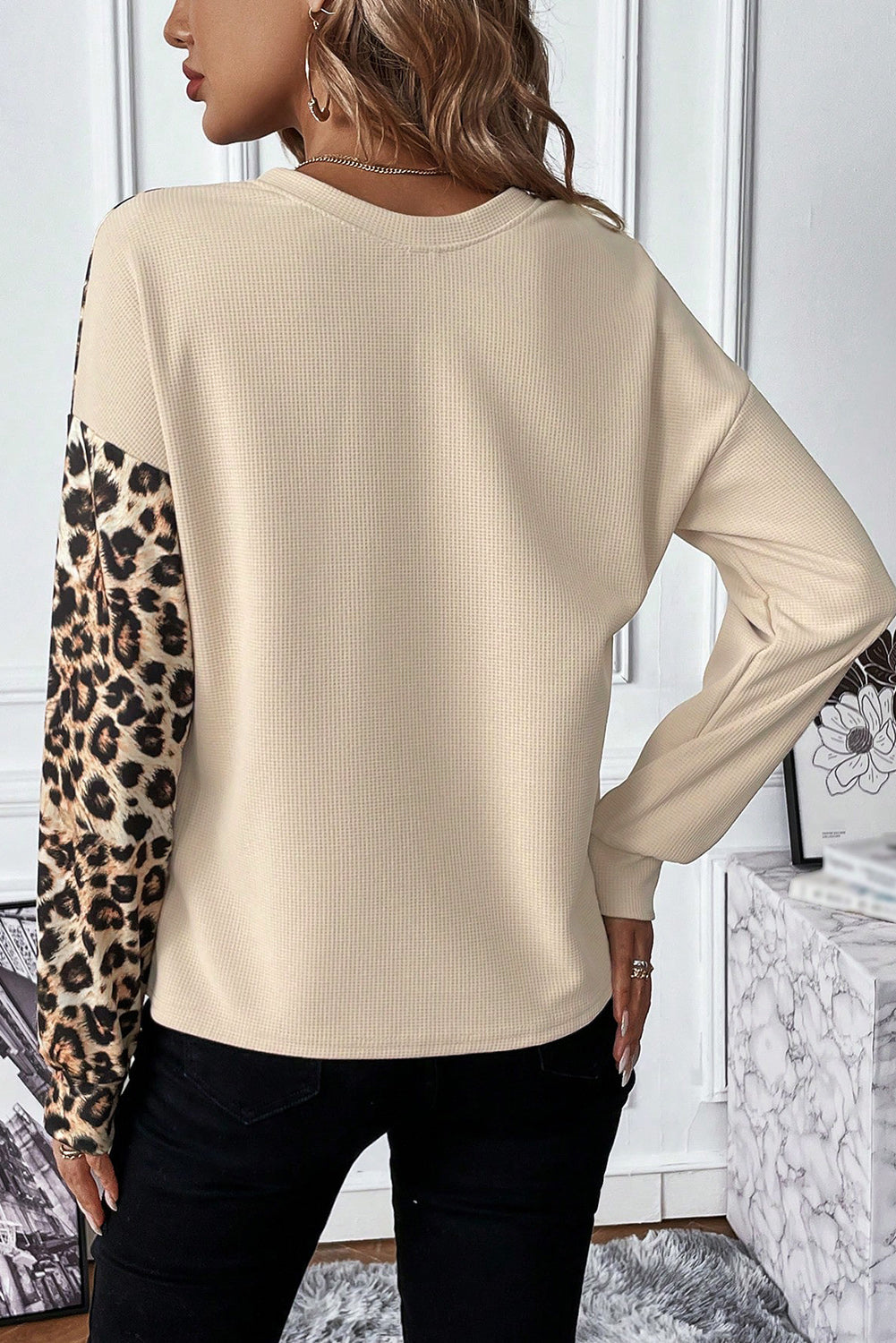 Pale Khaki Leopard Colorblock Waffle Knit Top Kittybear Krafts