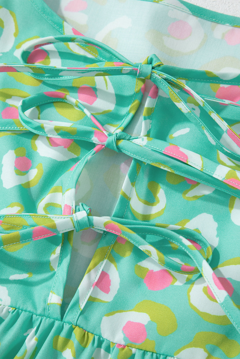 Green Abstract Printed Lace-up Lantern Sleeve Babydoll Blouse Kittybear Krafts