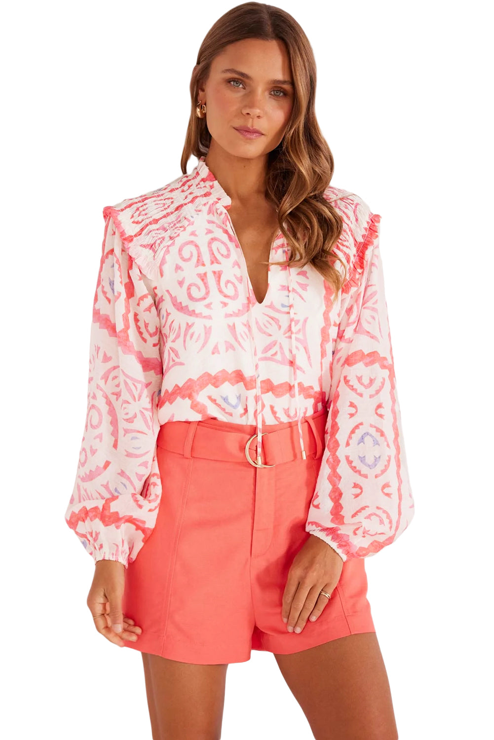 Desert Flower Vintage Print Smocked Poet Collar Billowy Blouson Sleeves Blouse Kittybear Krafts