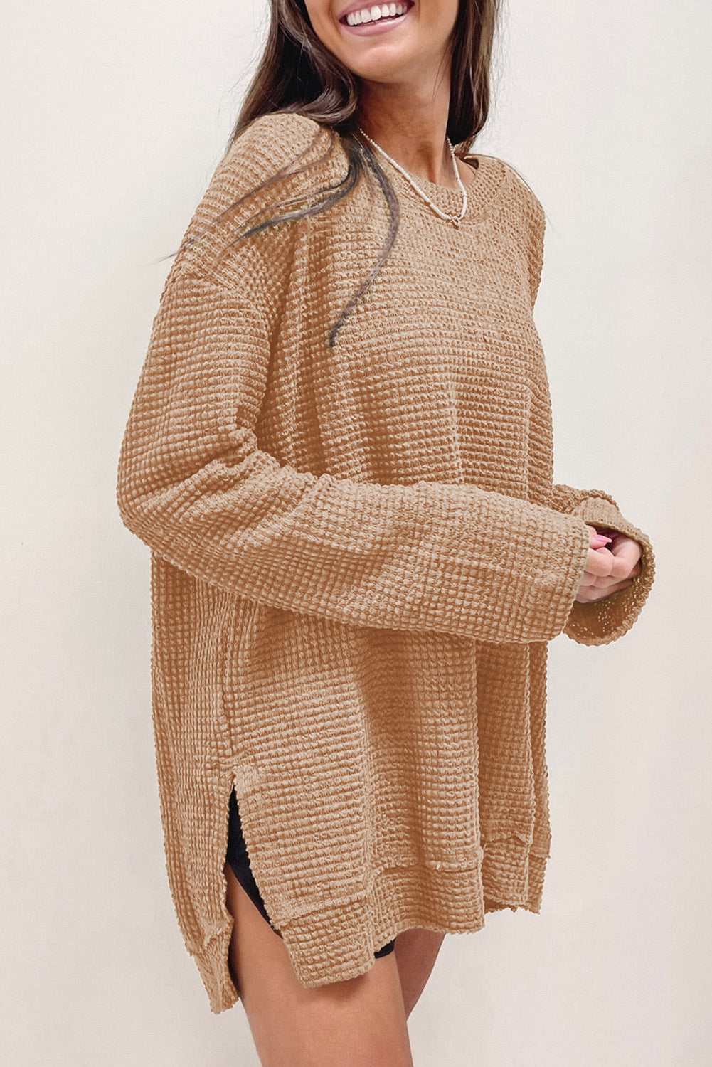 Khaki Waffle Knit High Slits Oversized Top Kittybear Krafts