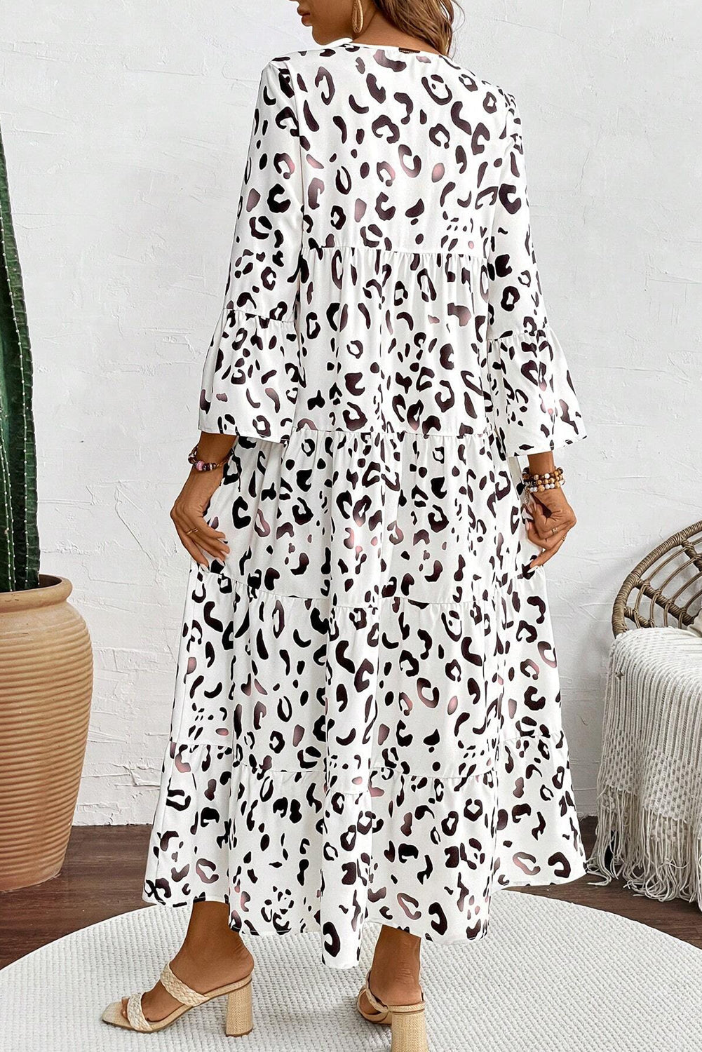 White Leopard Print Notch V Neck Loose Fit Maxi Dress Kittybear Krafts