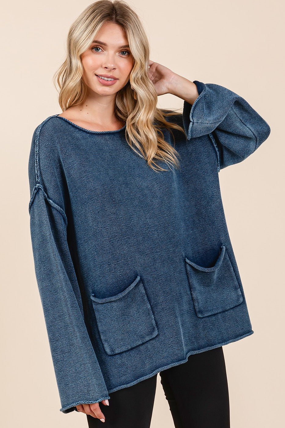 Mineral Wash Patch Pocket Cut Edge Sweatshirt Trendsi