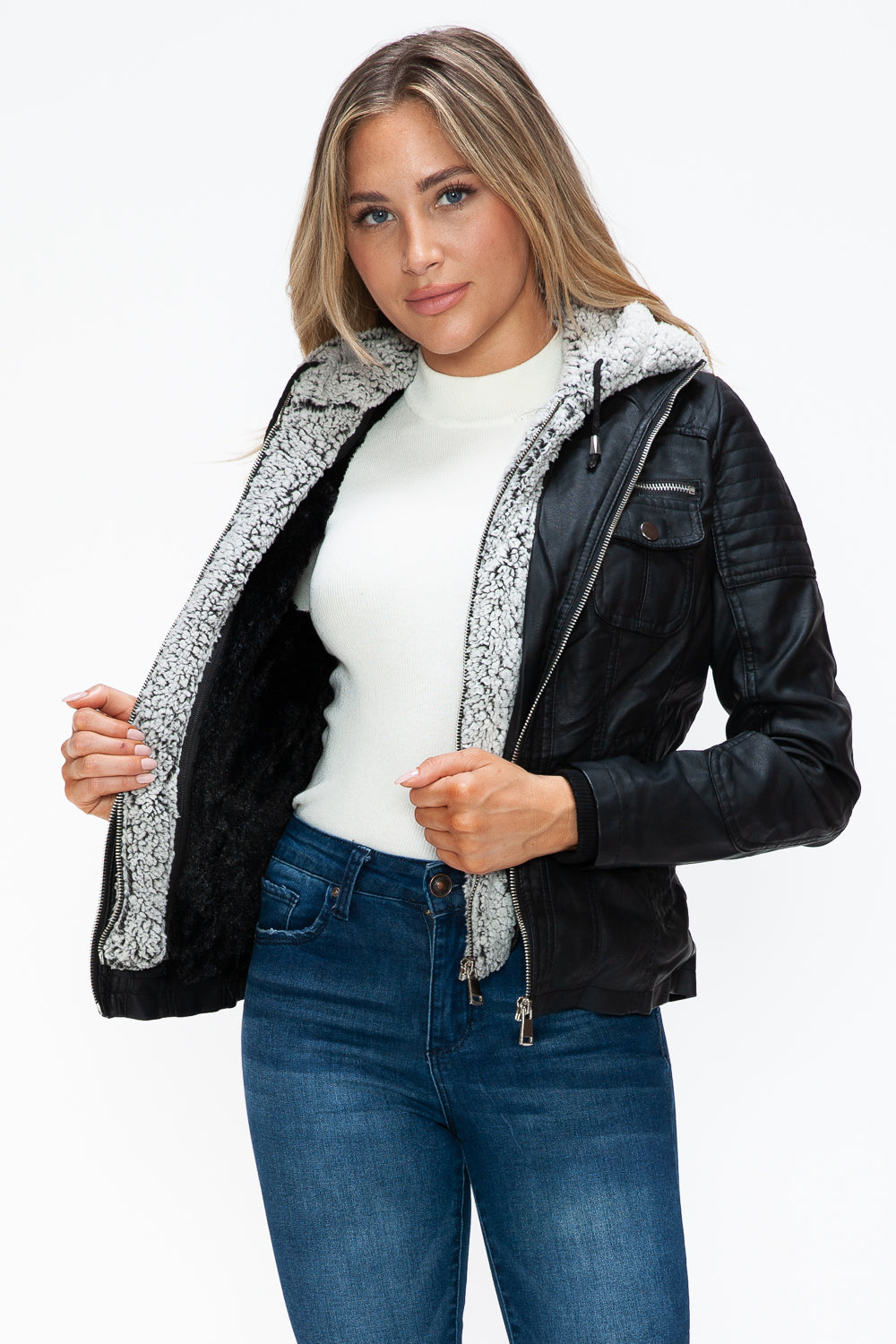 YMI Removable Faux Layered Multi-Pocket Jacket with Fuzzy Hood Trendsi
