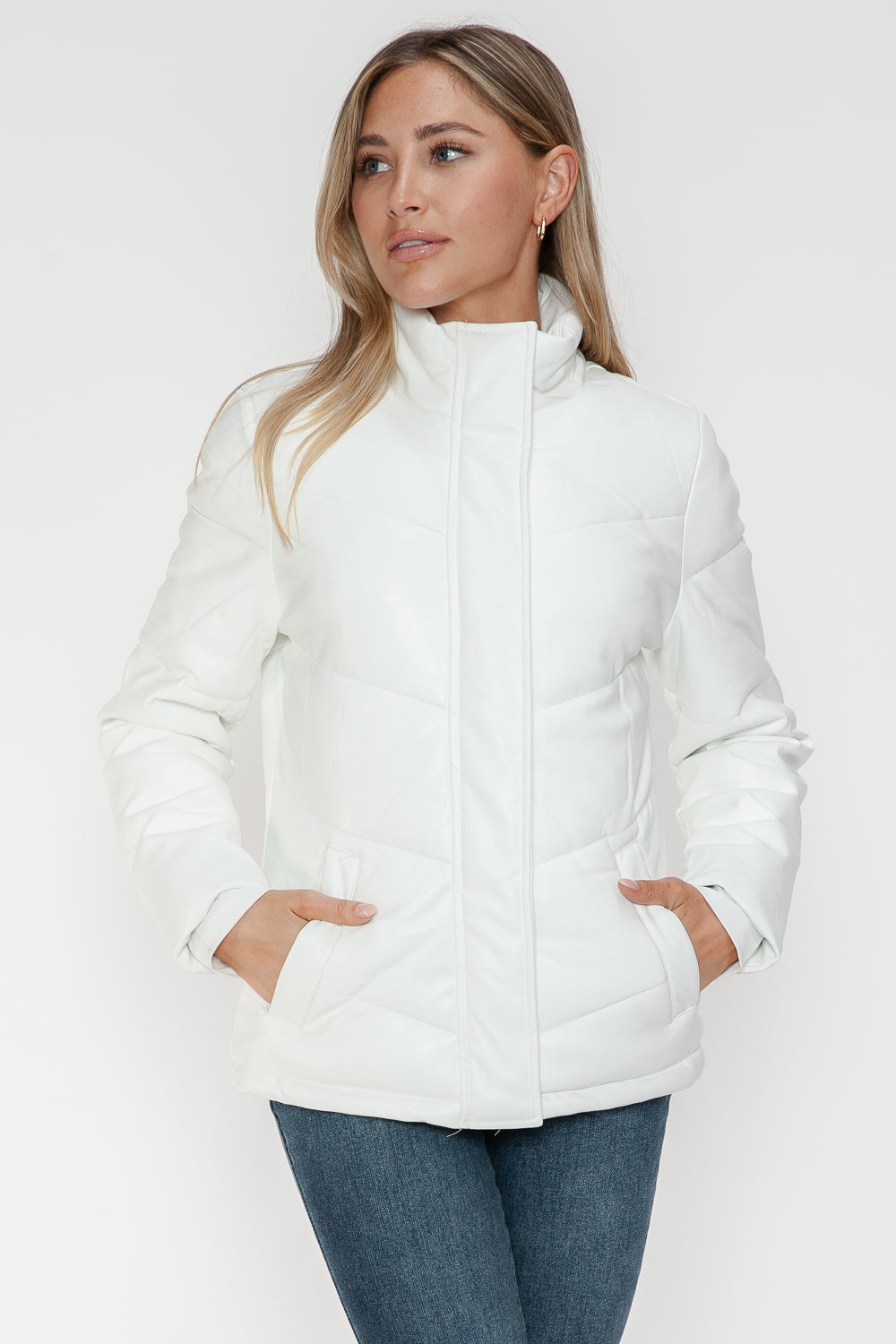 Snobbish Pocketed Zip Up White Turtleneck Puffer Jacket Trendsi