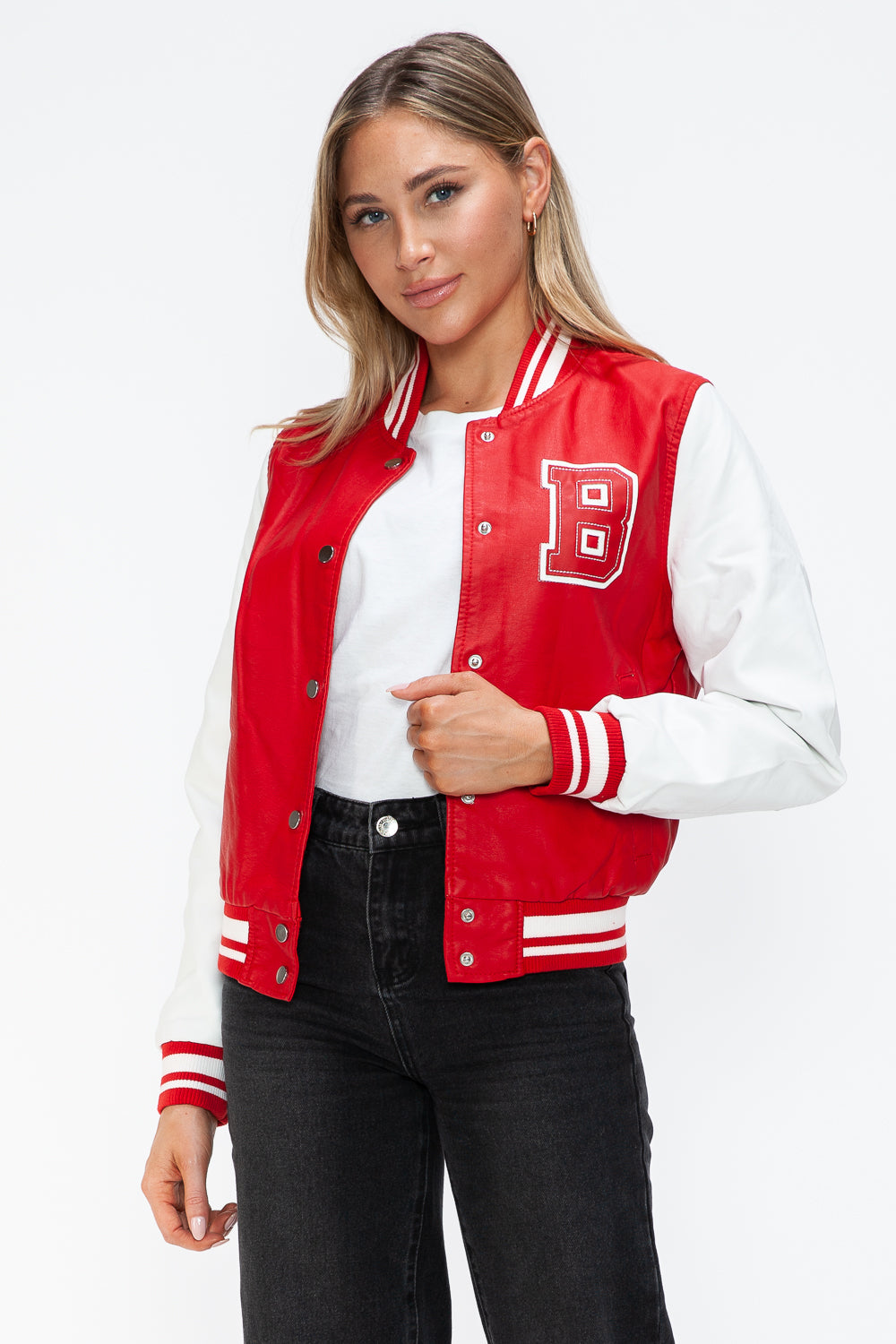 Love Me Now PU Leather Contrast Snap Down Bomber Jacket Trendsi