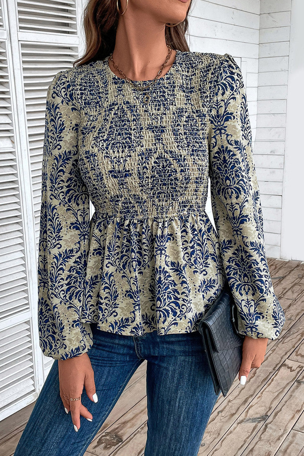 Blue Boho Printed Balloon Sleeve Smocked Peplum Blouse Kittybear Krafts