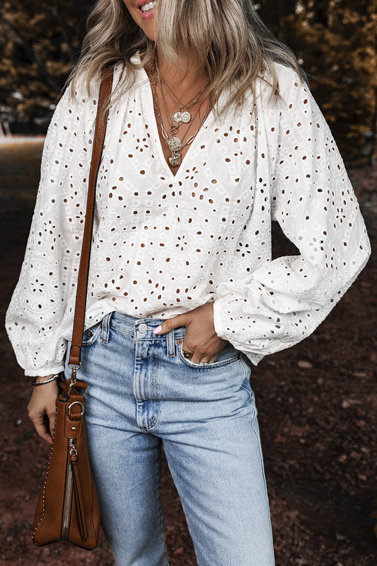 White Eyelet Embroidered Puff Sleeve V Neck Blouse Kittybear Krafts