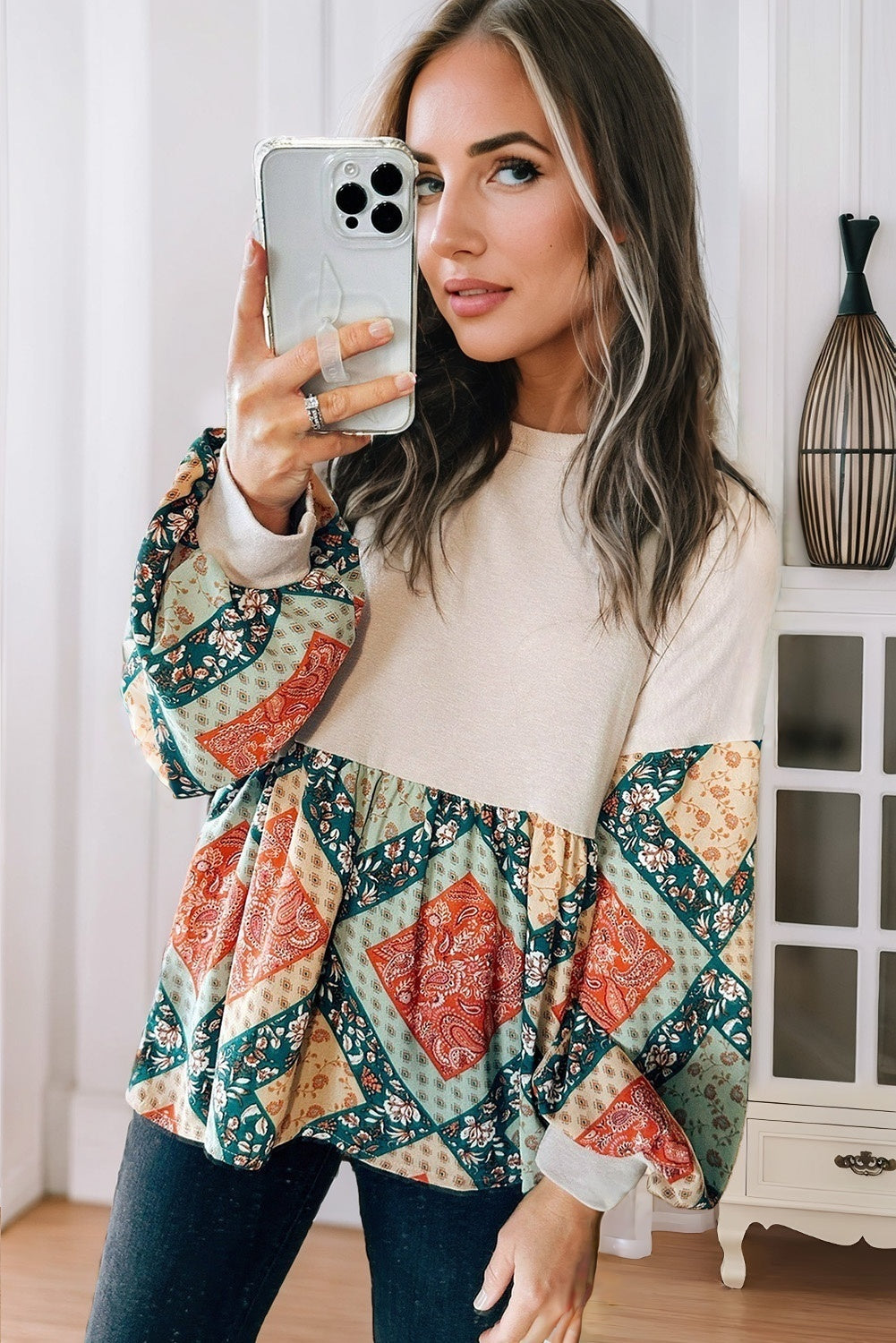 Jet Stream Paisley Geometric Patchwork Crew Neck Loose Fit Top Kittybear Krafts