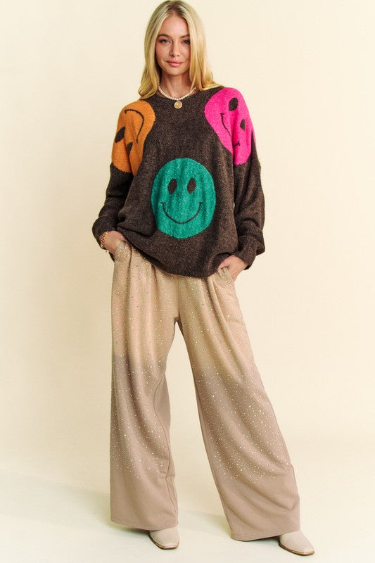 Davi & Dani Contrast Smile Round Neck Oversize Sweater Top Trendsi
