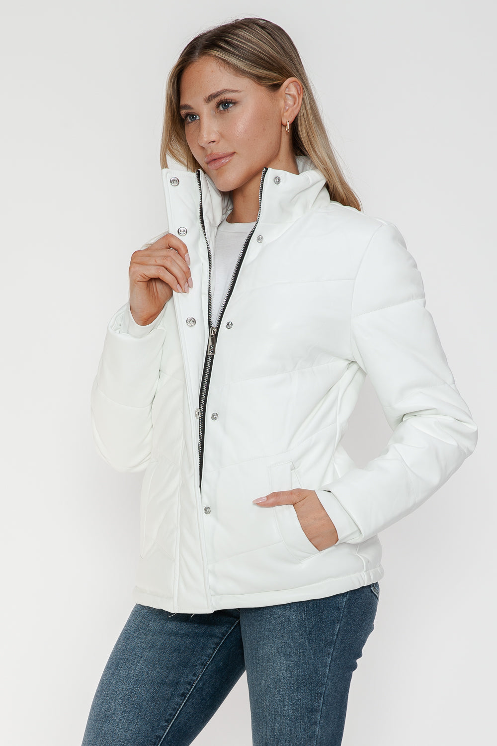 Snobbish Pocketed Zip Up White Turtleneck Puffer Jacket Trendsi