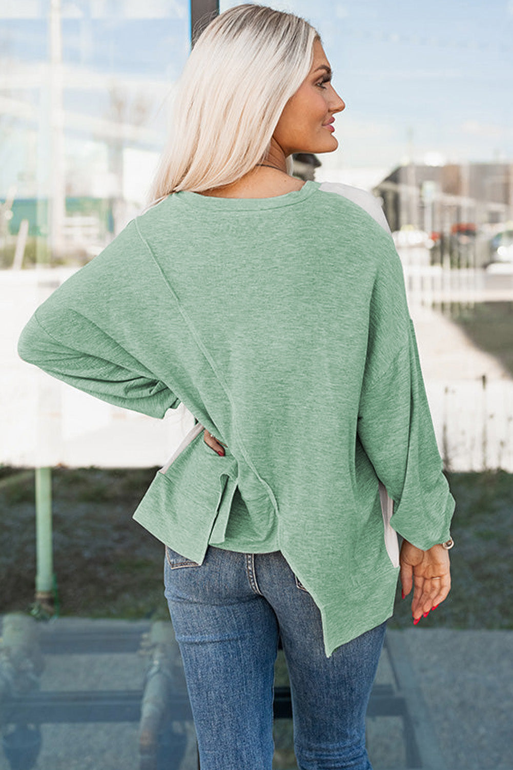 Colorblock Stitching Irregular Hem Long Sleeve Top Kittybear Krafts