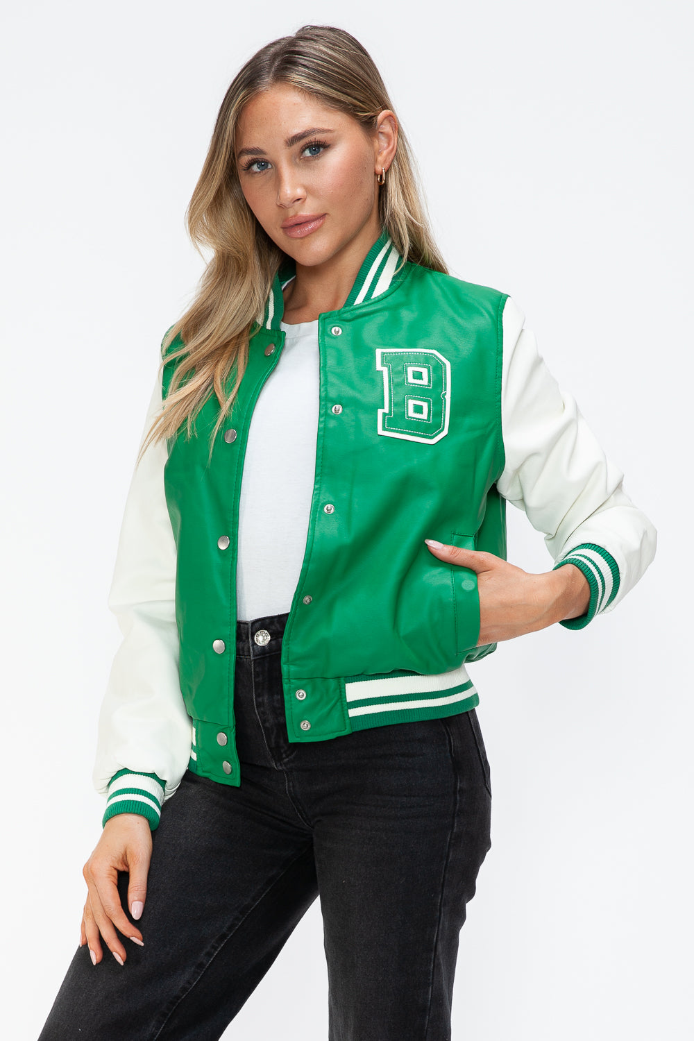Love Me Now PU Leather Contrast Snap Down Bomber Jacket Trendsi