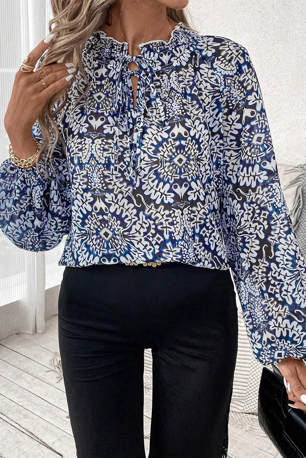 Blue Tribal Print Lace-up Frilled Neck Puff Sleeve Blouse Kittybear Krafts