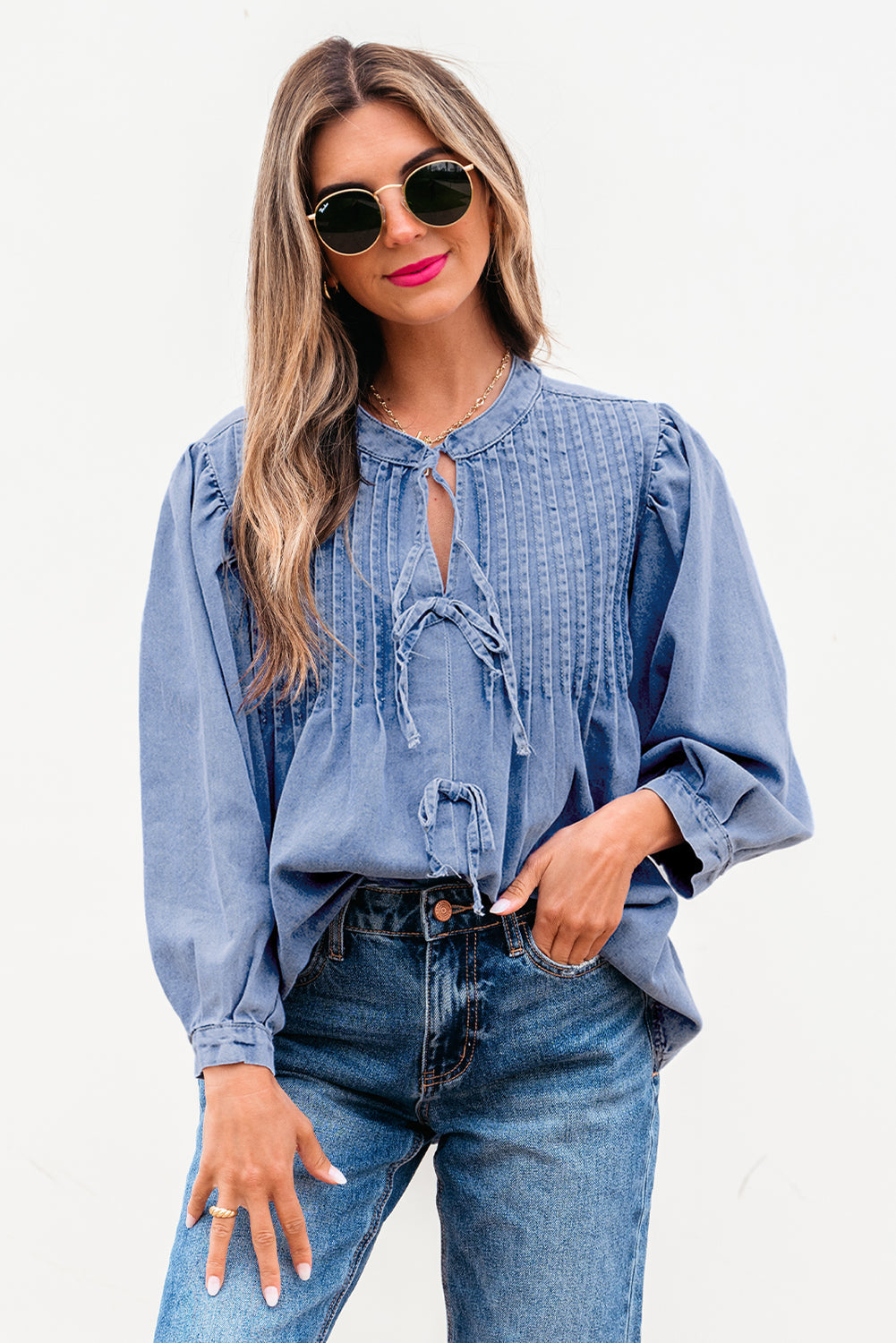 Myosotis Denim Front Pintuck Bow Tie Puff Sleeve Top Kittybear Krafts