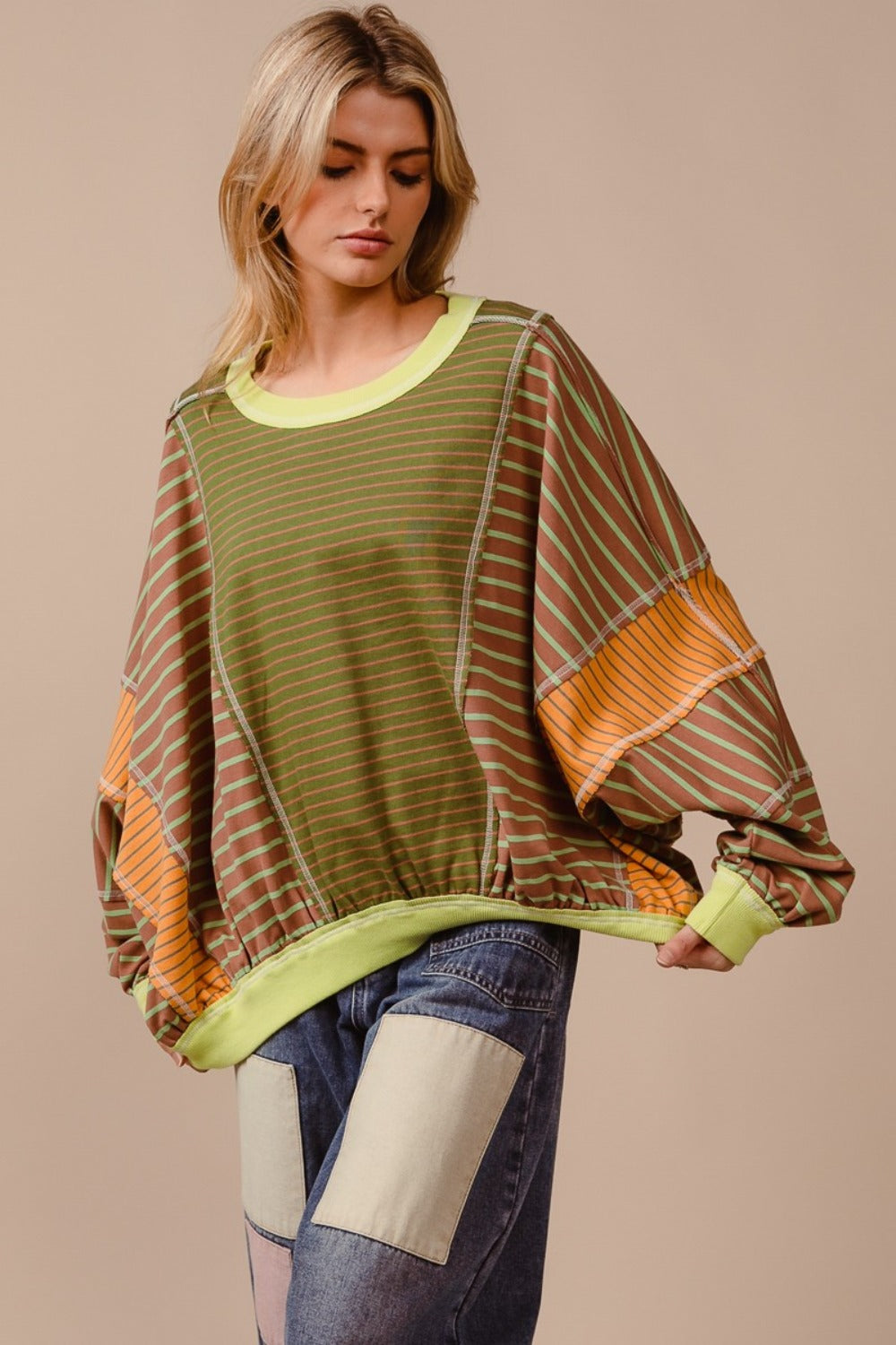 Color Block Striped Round Neck Sweatshirt - Kittybear Krafts
