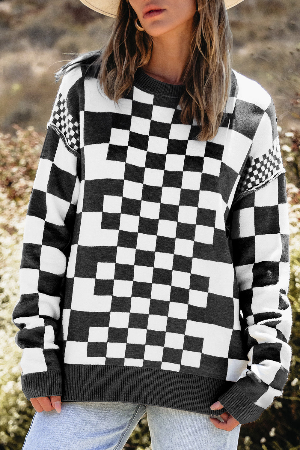 Black Checkered Print Drop Shoulder Round Neck Sweater Top Kittybear Krafts