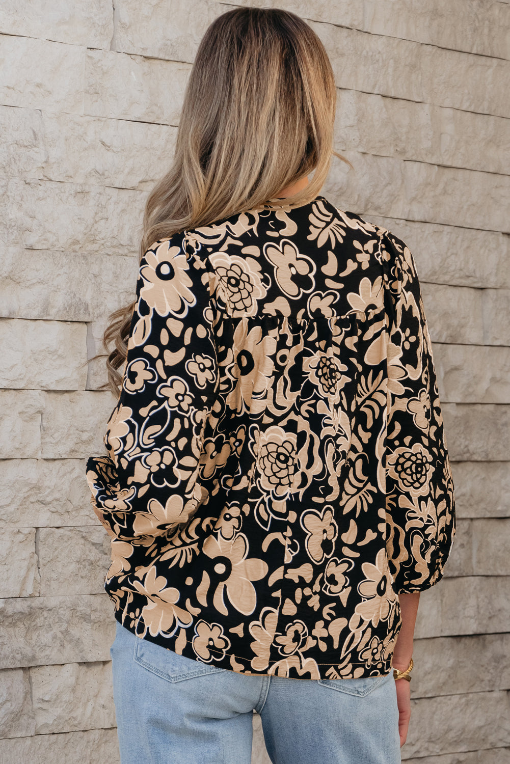 Black Floral Shirred Yoke Bracelet Sleeve Split Neck Boho Blouse Kittybear Krafts