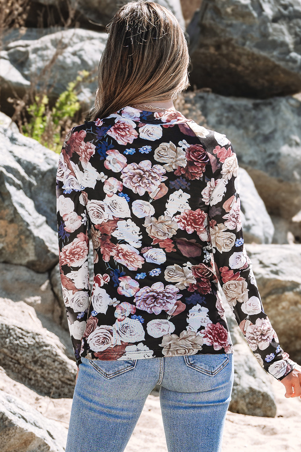 Pink Mesh Floral Print Mock Neck Long Sleeve Slim Top Kittybear Krafts