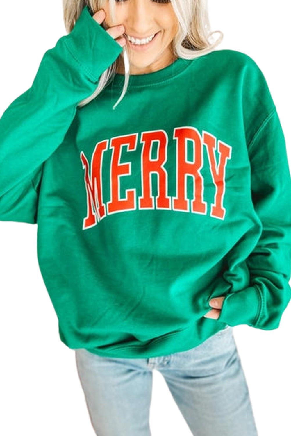 Bright Green MERRY Graphic Christmas Pullover Sweater Kittybear Krafts