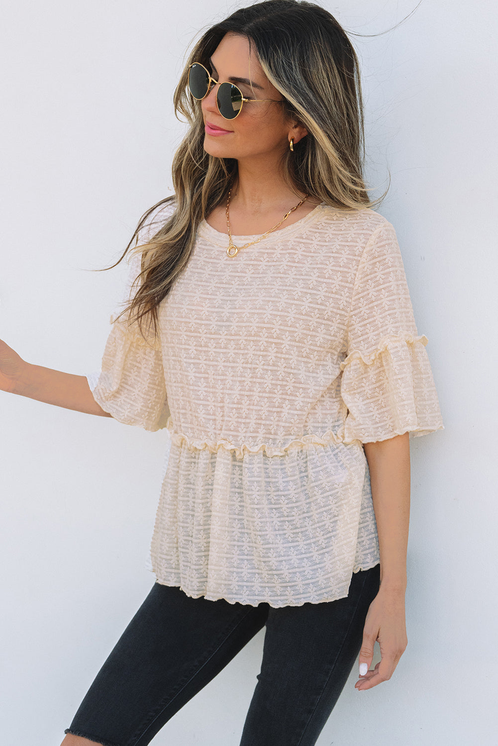 Beige Solid Color Textured Ruffled Short Sleeve Blouse Kittybear Krafts