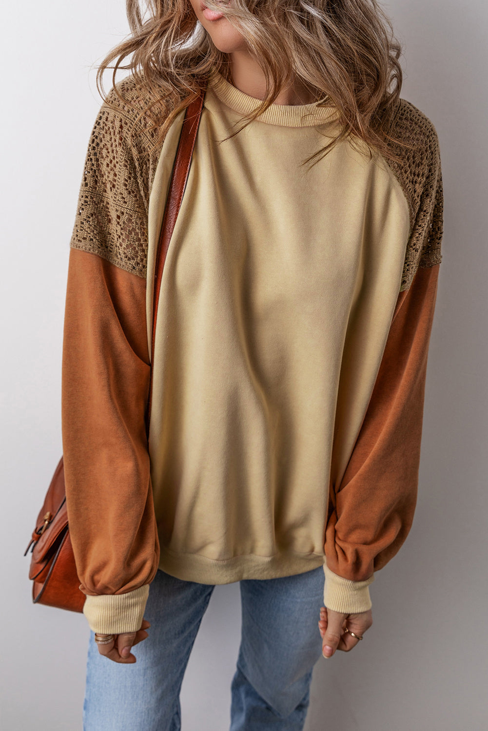 Khaki Lace Patchwork Colorblock Drop Shoulder Oversized Sweatshirt Kittybear Krafts