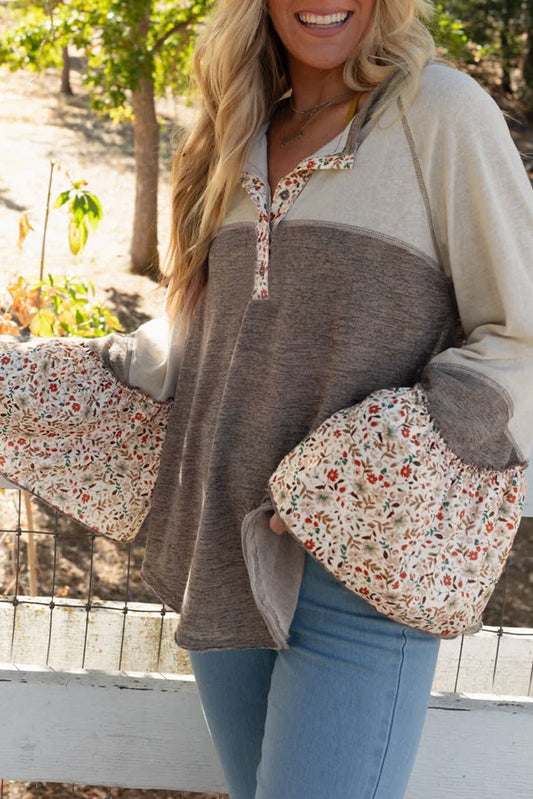 Goat Colorblock Floral Patchwork Flared Sleeve Buttons Henley Top Kittybear Krafts
