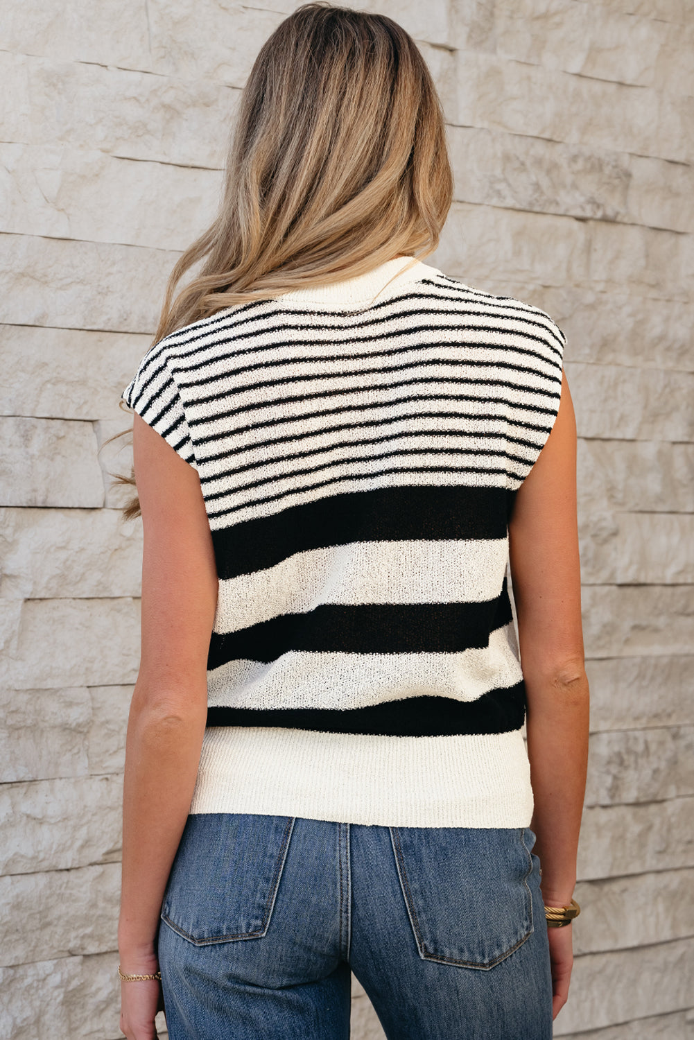 Black white Striped O Neck Sweater Vest Kittybear Krafts