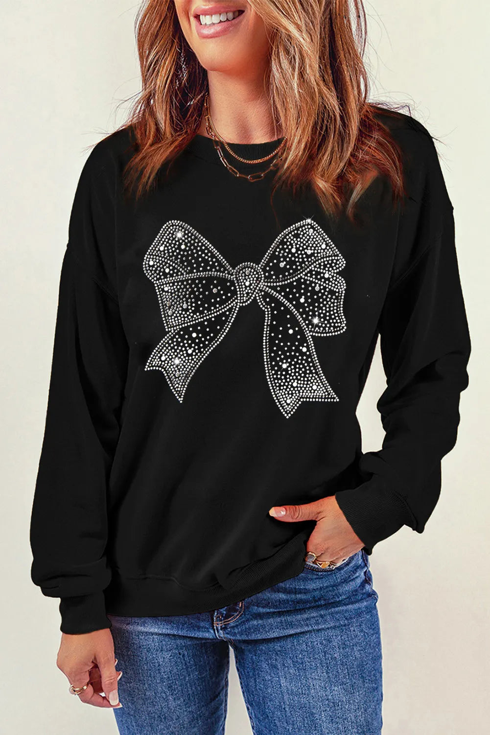 Rhinestone Bow Round Neck Long Sleeve Sweatshirt Trendsi