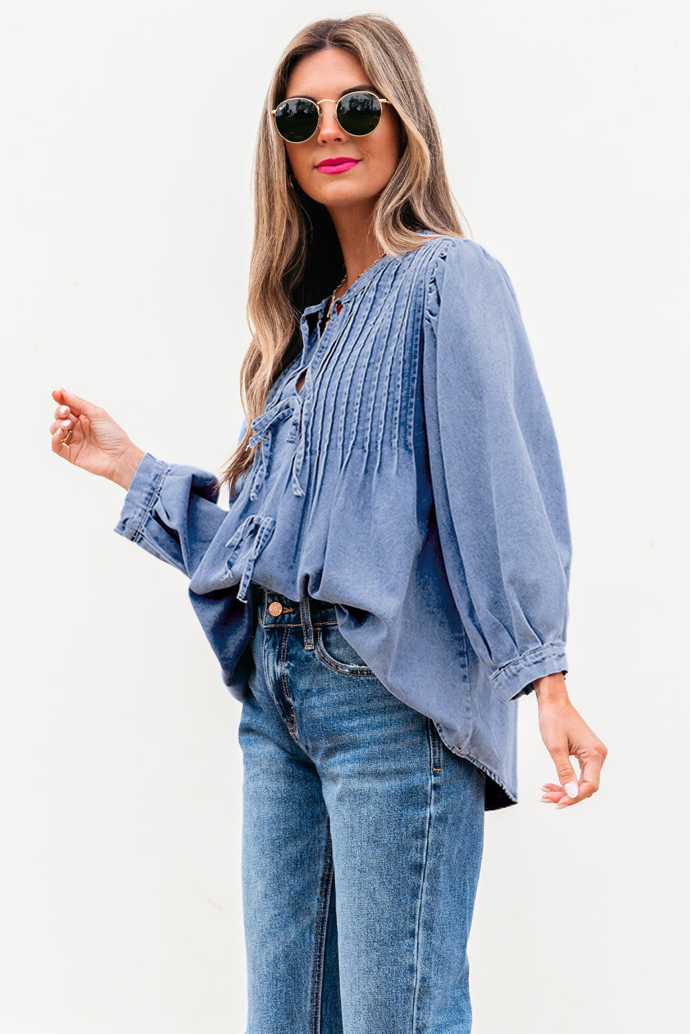 Myosotis Denim Front Pintuck Bow Tie Puff Sleeve Top Kittybear Krafts