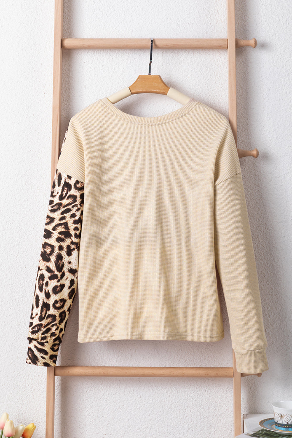 Pale Khaki Leopard Colorblock Waffle Knit Top Kittybear Krafts