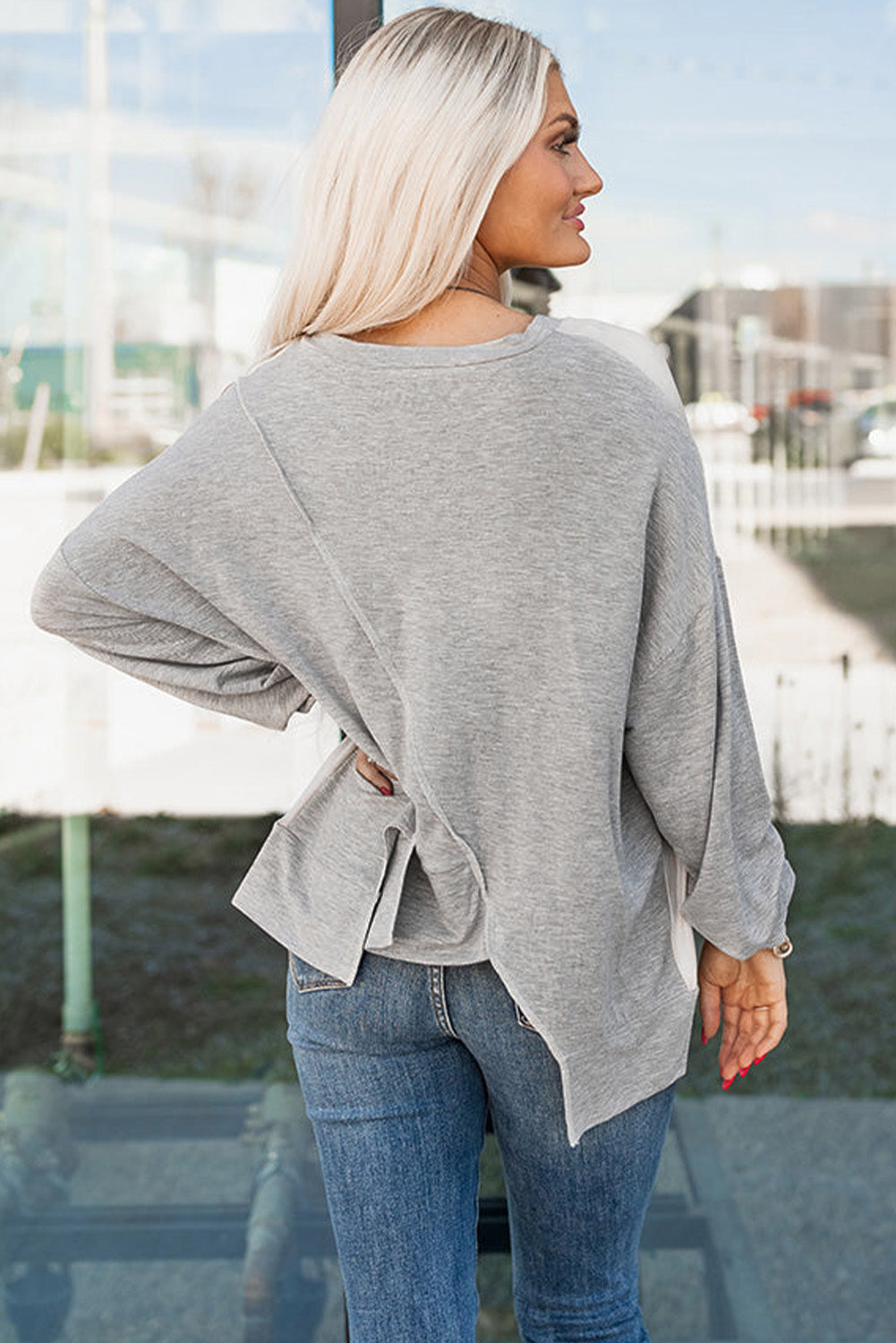 Light French Beige Colorblock Stitching Irregular Hem Long Sleeve Top Kittybear Krafts