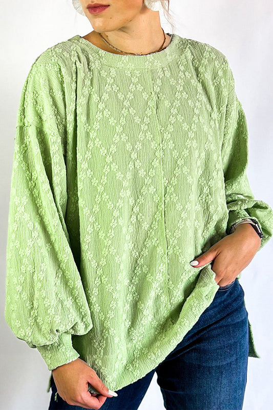 Light Green Solid Color Textured Side Split Crew Neck Blouse Kittybear Krafts
