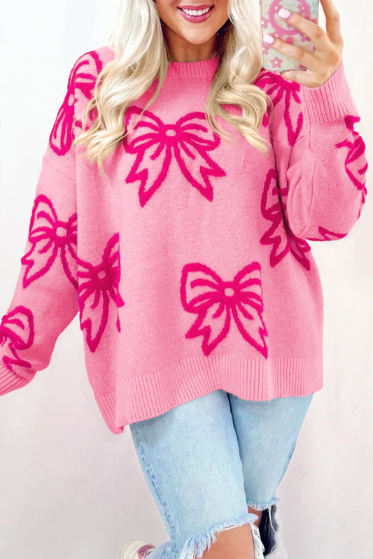 Pink Bow Pattern Drop Shoulder Loose Sweater Kittybear Krafts