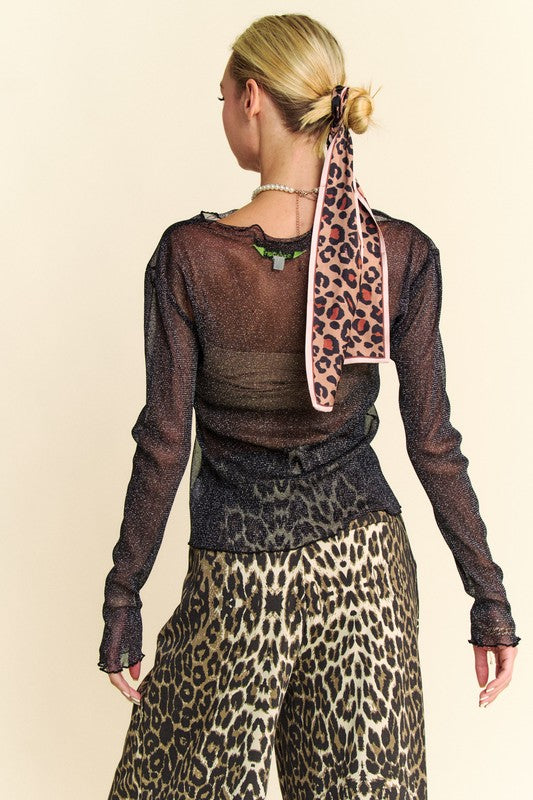 Davi & Dani Glitter Mesh Lettuce Hem Long Sleeve Top Trendsi
