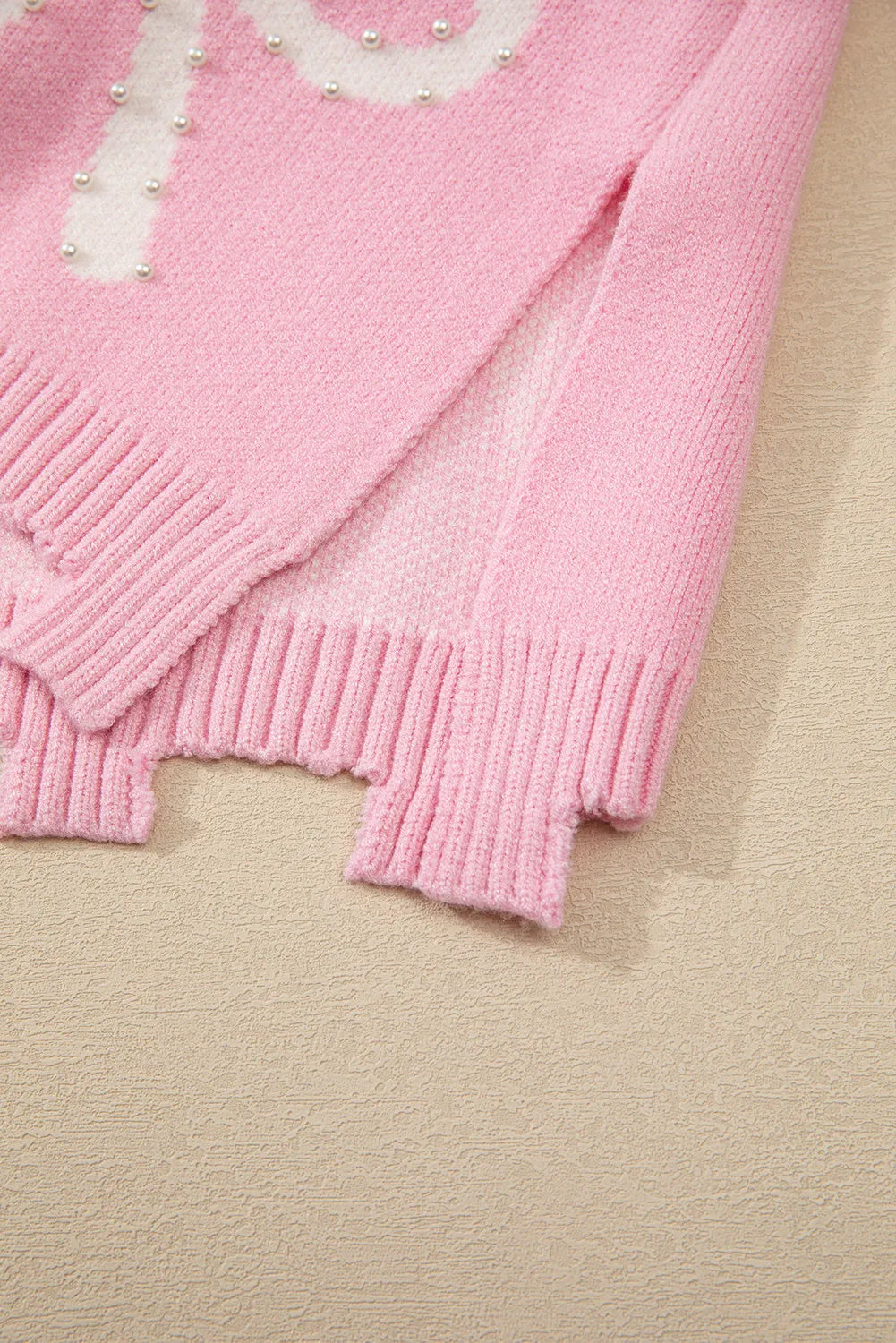 Pearl Detail Pink Bow Round Neck Long Sleeve Sweater Trendsi