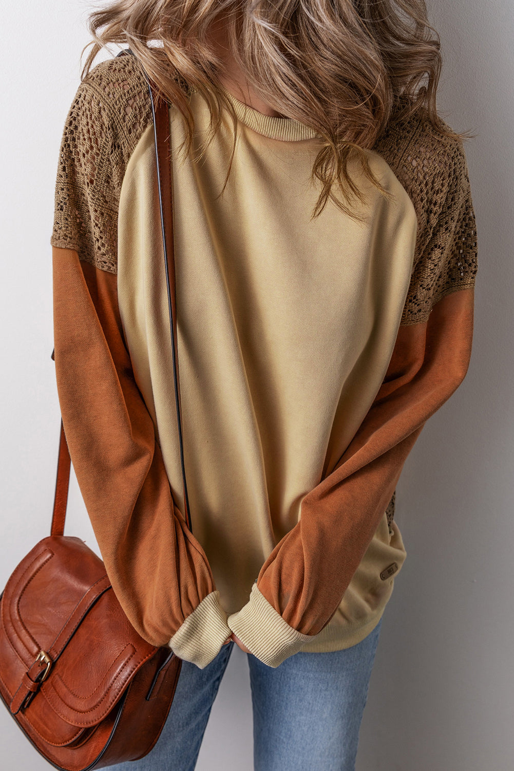 Khaki Lace Patchwork Colorblock Drop Shoulder Oversized Sweatshirt Kittybear Krafts