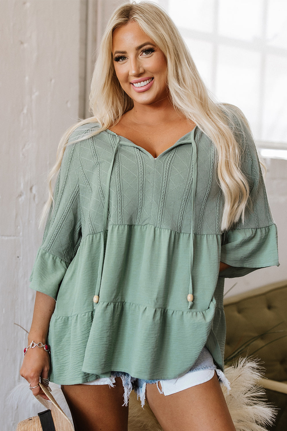 Laurel Green Tie Split Neck Textured Ruffle Patchwork Blouse Kittybear Krafts