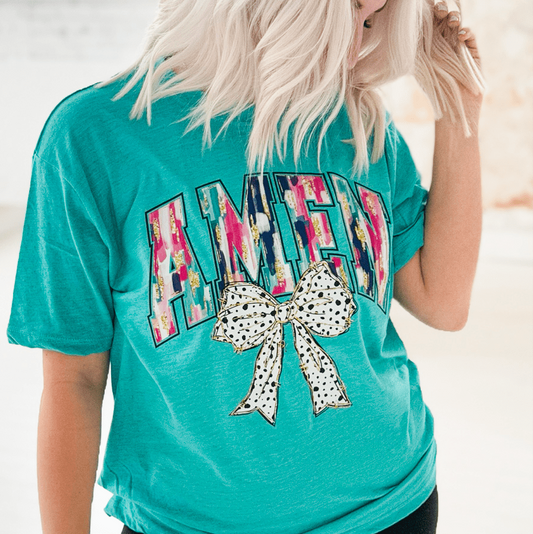 Paint Stroke Amen with Coquette Bow Graphic Tee T-Shirt Envy Stylz Boutique