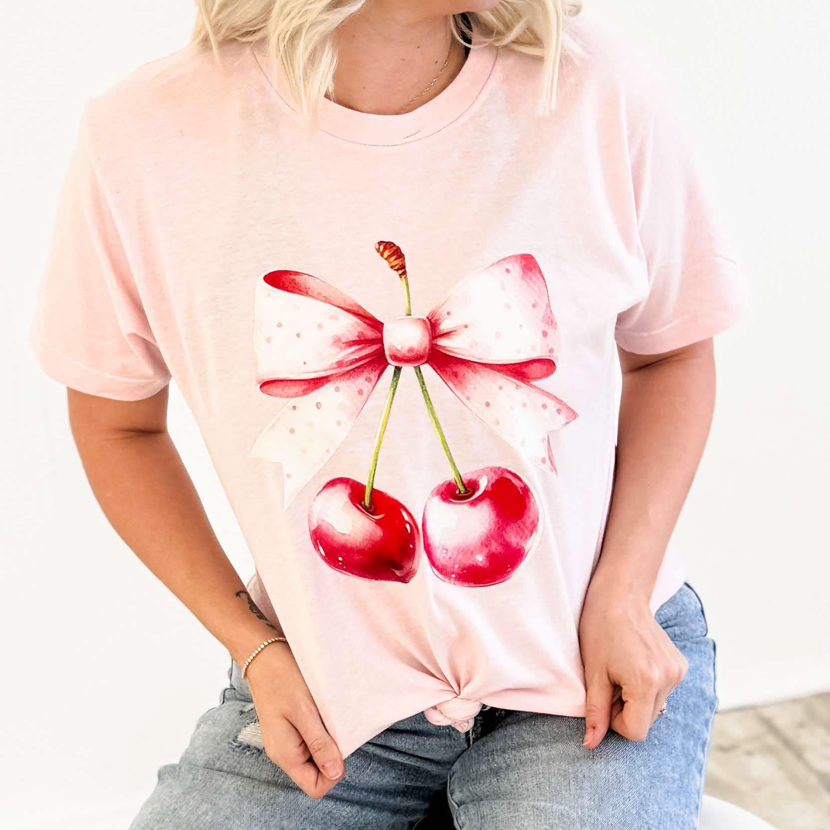 Watercolor Cherries Coquette Bow Graphic T-Shirt Envy Stylz Boutique