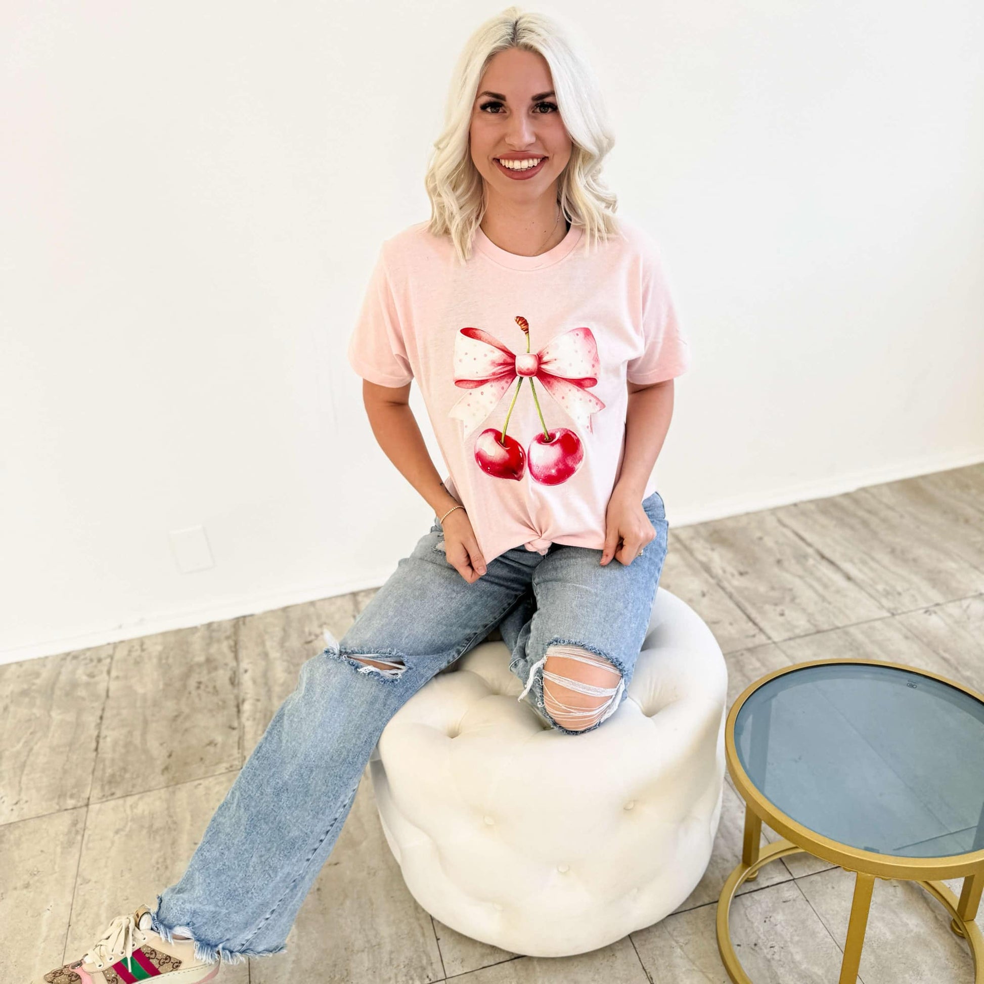 Watercolor Cherries Coquette Bow Graphic T-Shirt Envy Stylz Boutique
