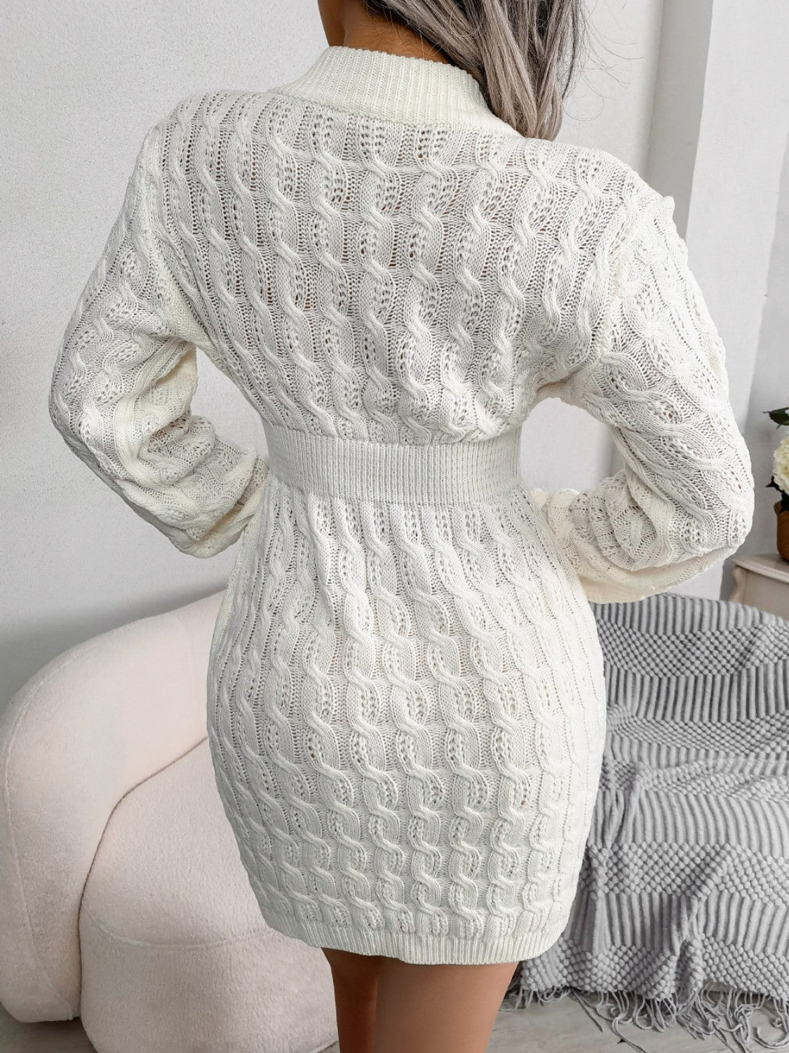 Cable-Knit Round Neck Mini Wrap Sweater Dress Trendsi