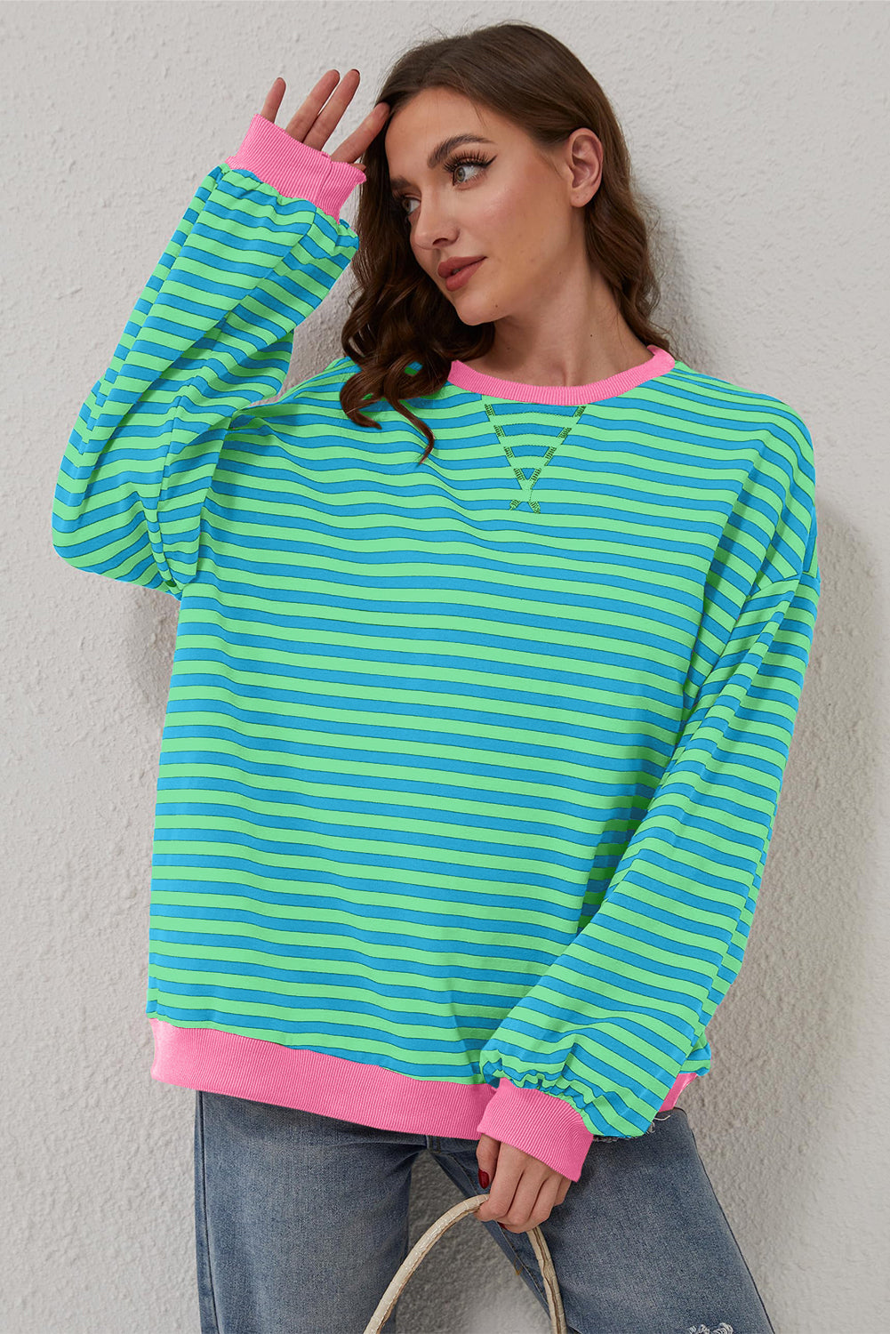 Sky Blue Stripe Oversized Contrast Trim Pullover Sweatshirt Kittybear Krafts