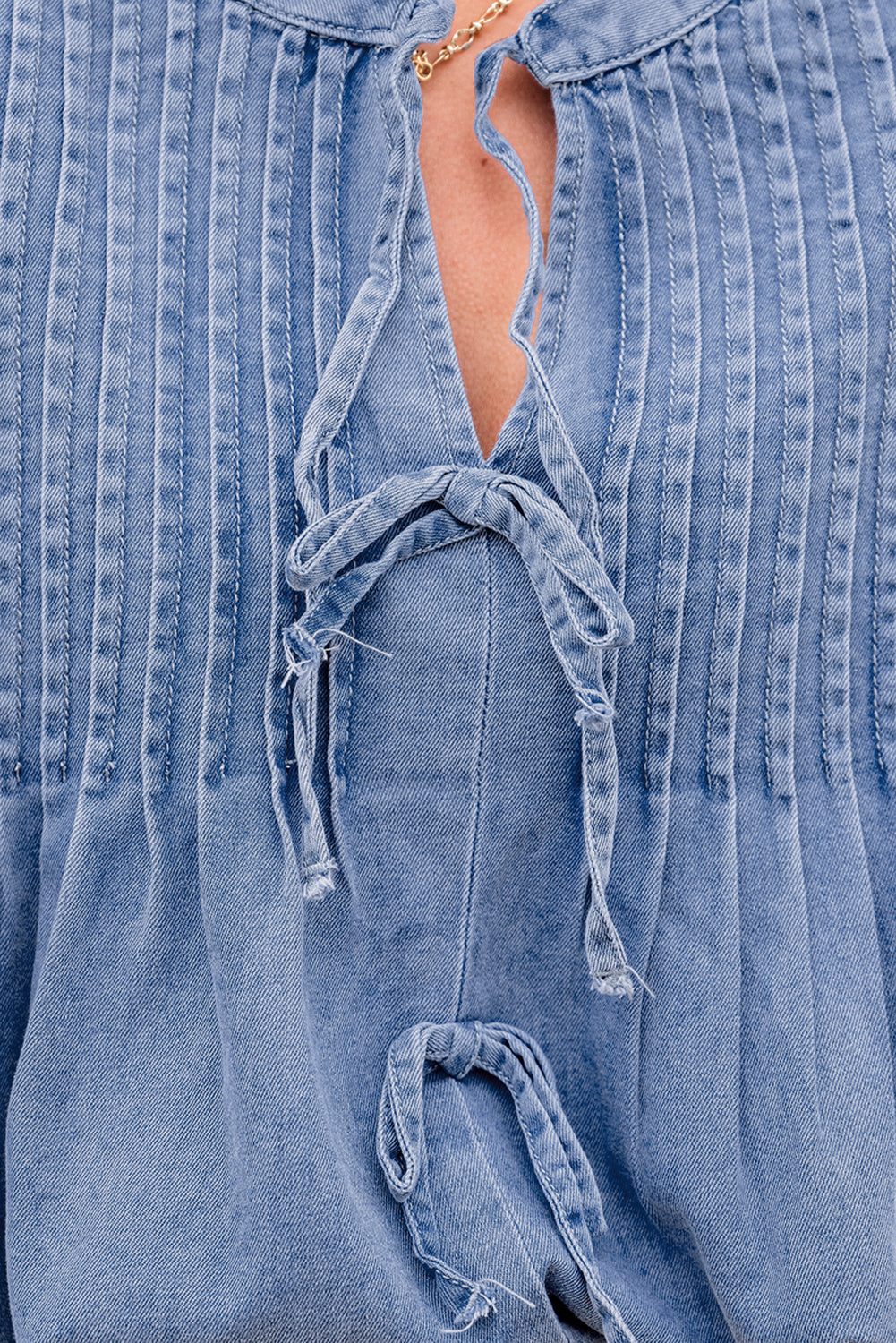 Myosotis Denim Front Pintuck Bow Tie Puff Sleeve Top Kittybear Krafts