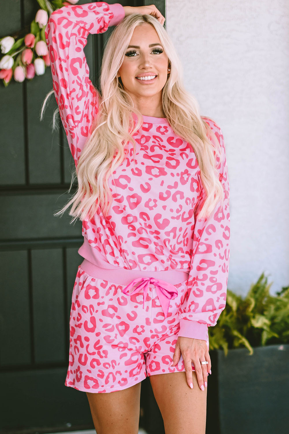 Pink Leopard Long Sleeve Satin Tie Shorts Two Piece Sleepwear Set Kittybear Krafts