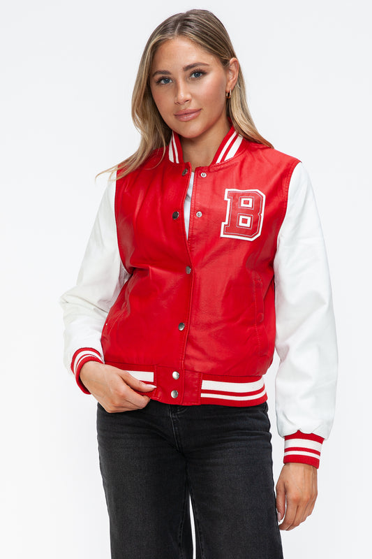 Love Me Now PU Leather Contrast Snap Down Bomber Jacket Trendsi