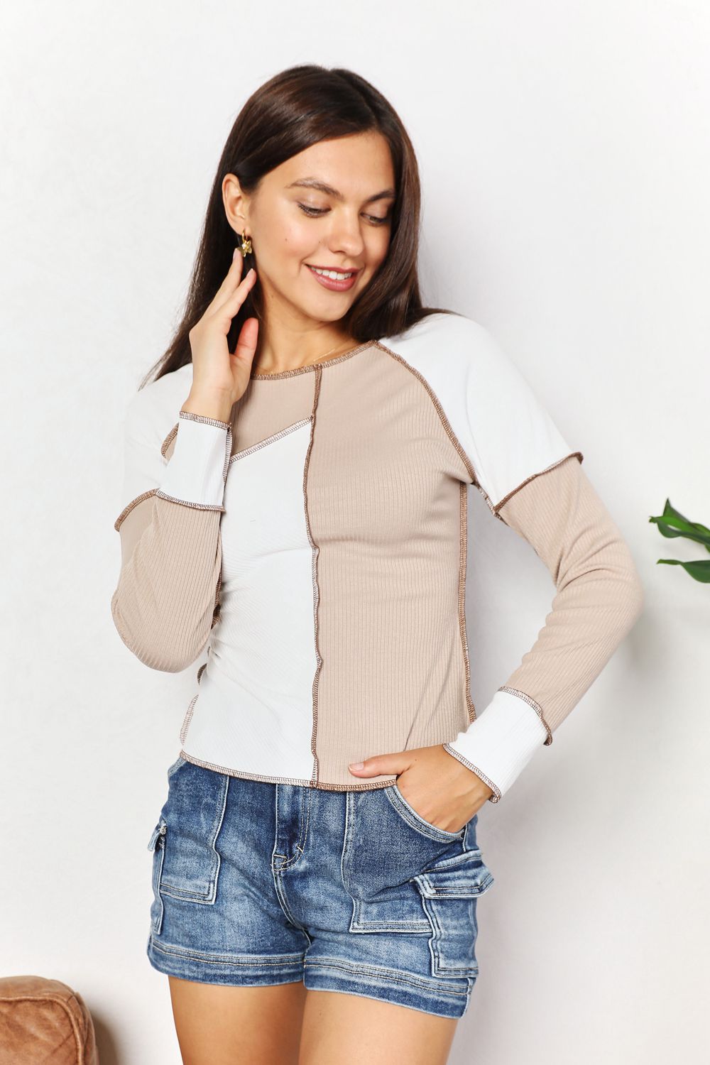 Double Take Khaki Color Block Exposed Seam Top Trendsi