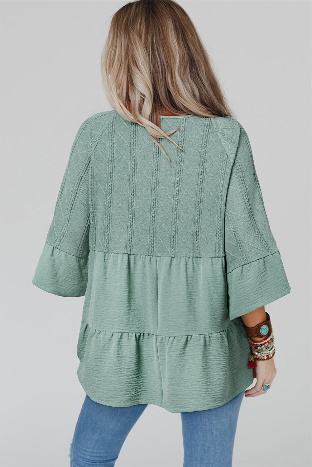 Laurel Green Tie Split Neck Textured Ruffle Patchwork Blouse Kittybear Krafts