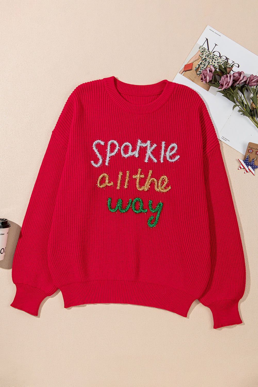 Racing Red Sparkle All The Way Tinsel Christmas Crew Neck Full Size Sweater Kittybear Krafts